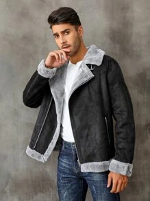 Men Zip Up Lapel Neck Teddy Lined Coat - Black - View 5