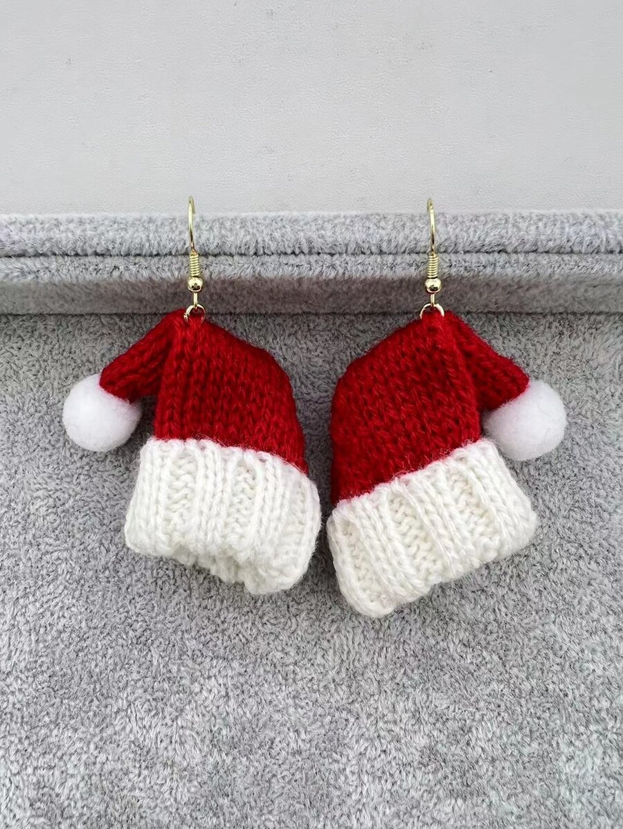 1 Pair Fashionable Exaggerated Knitted Fabric Knitted Christmas Hat & Cherry Earrings, Suitable For Christmas Party Wear - Multicolor - View 1