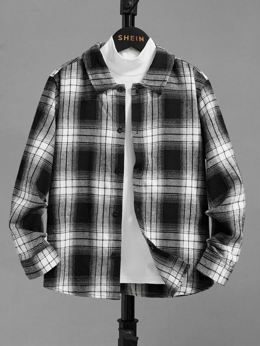 SHEIN 男孩格紋印花襯衫不帶T恤 - 彩色 - 查看 1