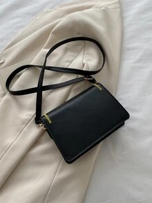 Embroidered Detail Square Bag Metal Decor Crossbody Bag - Black - View 2