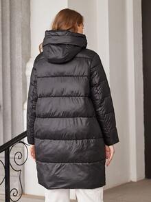 Plus Zip Pocket Hooded Padded Coat - Black - View 2