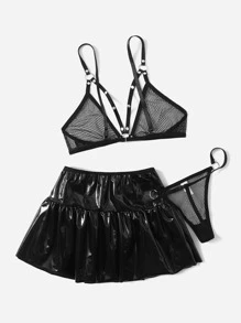 ROMWE Grunge Punk 3pack Contrast Mesh PU Leather Lingerie Set - Black - View 2