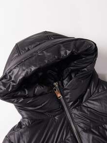 Plus Zip Pocket Hooded Padded Coat - Black - View 3