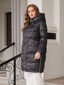 Plus Zip Pocket Hooded Padded Coat - Black - View 4