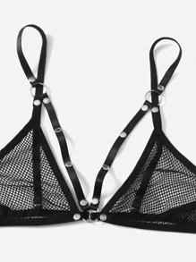 ROMWE Grunge Punk 3pack Contrast Mesh PU Leather Lingerie Set - Black - View 4