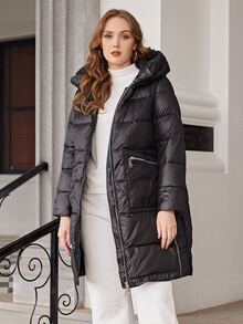 Plus Zip Pocket Hooded Padded Coat - Black - View 5