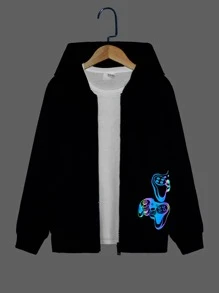 SHEIN Áo khoác nỉ có khóa kéo, in hình tay cầm chơi game phản quang dành cho bé trai tuổi teen (không kèm áo thun). - màu đen - Xem 1