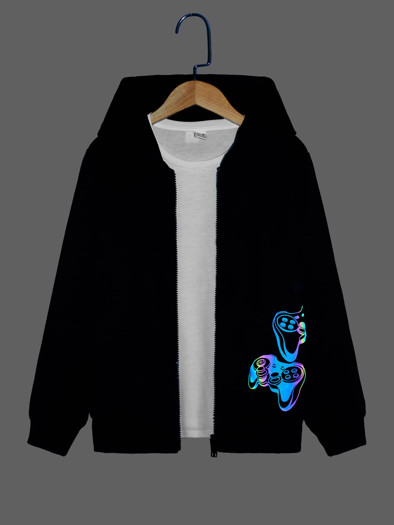 SHEIN Áo khoác nỉ có khóa kéo, in hình tay cầm chơi game phản quang dành cho bé trai tuổi teen (không kèm áo thun). - màu đen - Xem 1