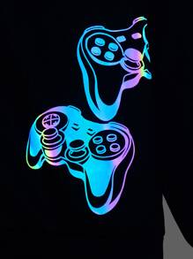 SHEIN Áo khoác nỉ có khóa kéo, in hình tay cầm chơi game phản quang dành cho bé trai tuổi teen (không kèm áo thun). - màu đen - Xem 4