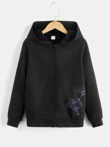 SHEIN Áo khoác nỉ có khóa kéo, in hình tay cầm chơi game phản quang dành cho bé trai tuổi teen (không kèm áo thun). - màu đen - Xem 5