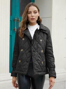 ZIAI Double Breasted Belted Quilted Coat - Black - View 1