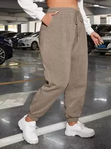 SHEIN EZwear Quần nỉ có túi xéo cạp rút dây rút mùa xuân - Màu Khaki - Xem 1