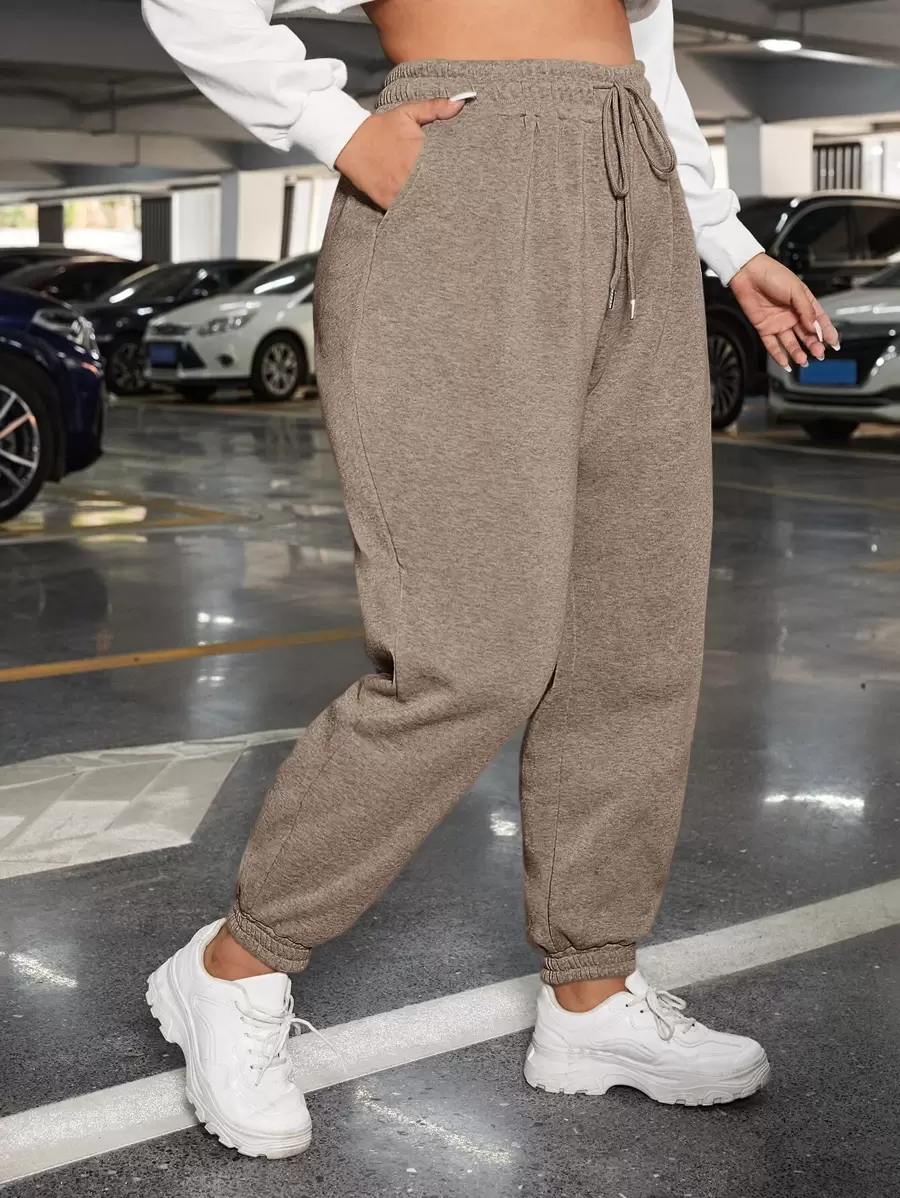 SHEIN EZwear Quần nỉ có túi xéo cạp rút dây rút mùa xuân - Màu Khaki - Xem 1