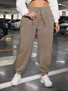 SHEIN EZwear Quần nỉ có túi xéo cạp rút dây rút mùa xuân - Màu Khaki - Xem 3