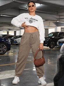 SHEIN EZwear Quần nỉ có túi xéo cạp rút dây rút mùa xuân - Màu Khaki - Xem 4