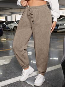 SHEIN EZwear Quần nỉ có túi xéo cạp rút dây rút mùa xuân - Màu Khaki - Xem 5