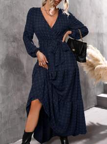 SHEIN LUNE Swiss Dot Surplice Neck Ruffle Hem Belted Dress - Navy Blue - View 1