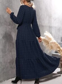 SHEIN LUNE Swiss Dot Surplice Neck Ruffle Hem Belted Dress - Navy Blue - View 2