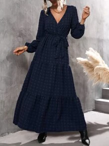 SHEIN LUNE Swiss Dot Surplice Neck Ruffle Hem Belted Dress - Navy Blue - View 3