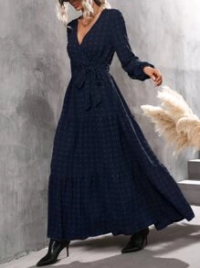 SHEIN LUNE Swiss Dot Surplice Neck Ruffle Hem Belted Dress - Navy Blue - View 4