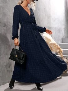 SHEIN LUNE Swiss Dot Surplice Neck Ruffle Hem Belted Dress - Navy Blue - View 6