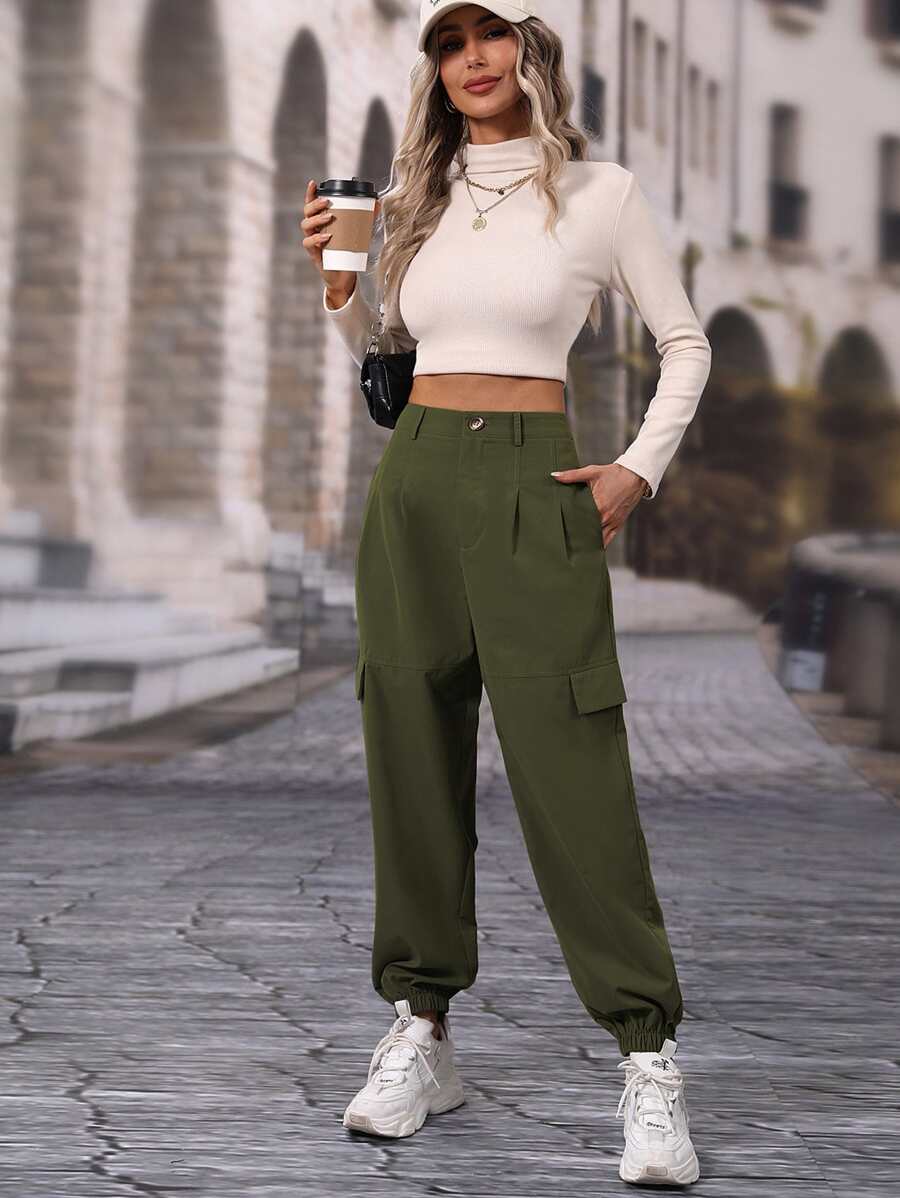 SHEIN Unity Pantalones jogger con bolsillo con solapa - Verde militar - Ver 1