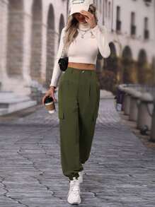 SHEIN Unity Pantalones jogger con bolsillo con solapa - Verde militar - Ver 5