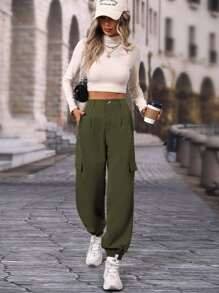 SHEIN Unity Pantalones jogger con bolsillo con solapa - Verde militar - Ver 6