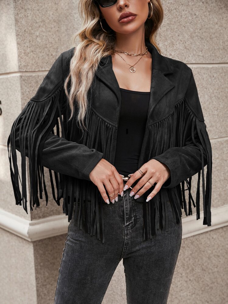 SHEIN LUNE Giacca con colletto a revers e frange, spalle scoperte, in suedette, giacca casual da donna per fine autunno, maniche regolari, vestibilità regular, tinta unita nera, per uso casual quotidiano - nero - Visualizzare 5
