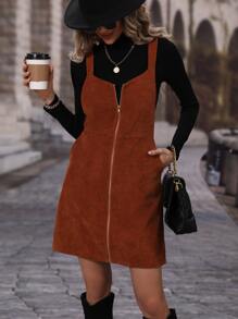 SHEIN Unity Zip Up Corduroy Overall Dress Without Sweater - Rust Brown - View 1