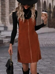 SHEIN Unity Zip Up Corduroy Overall Dress Without Sweater - Rust Brown - View 5