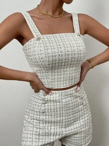 SHEIN Privé Plaid Tweed Button Detail Cami Top - White - View 1