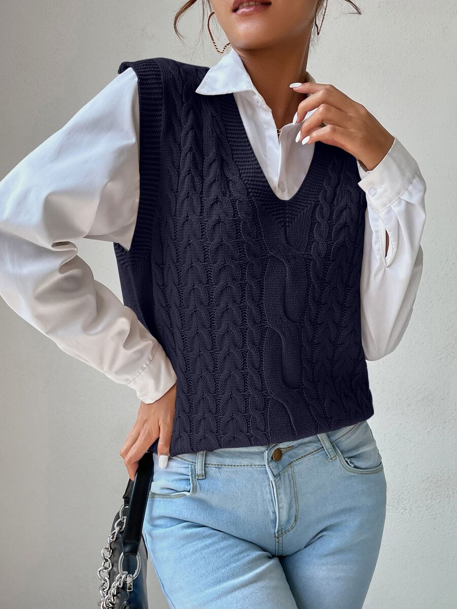 Chiquease V Neck Cable Knit Sweater Vest - Royal Blue - View 1