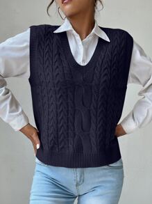 Chiquease V Neck Cable Knit Sweater Vest - Royal Blue - View 4