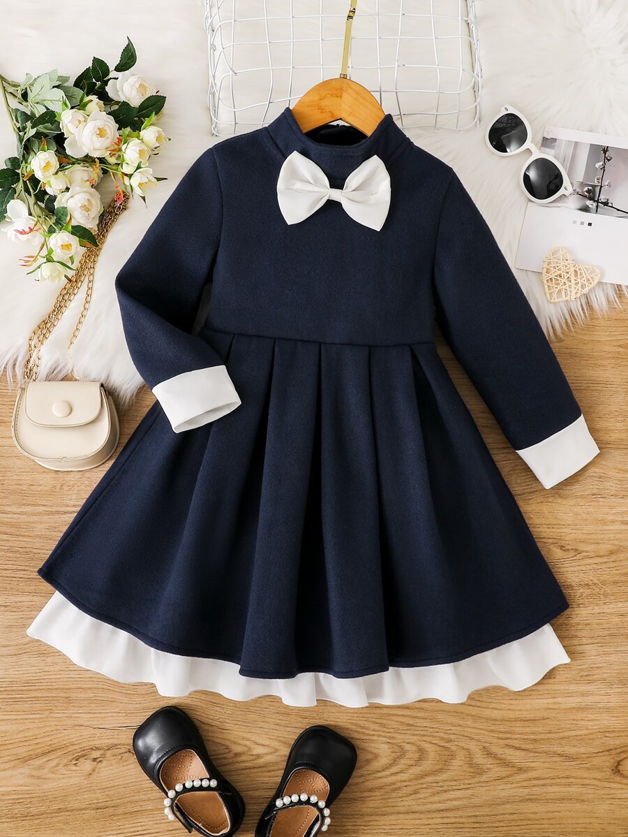 Toddler Girls Bow Front Mock Neck Dress - Navy Blue - View 1