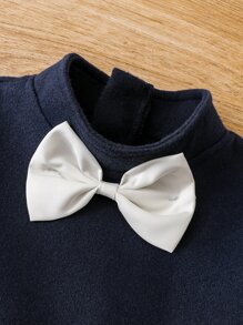 Toddler Girls Bow Front Mock Neck Dress - Navy Blue - View 5