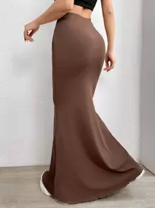 SHEIN EZwear Solid Ruched Mermaid Hem Skirt - Mocha Brown - View 2