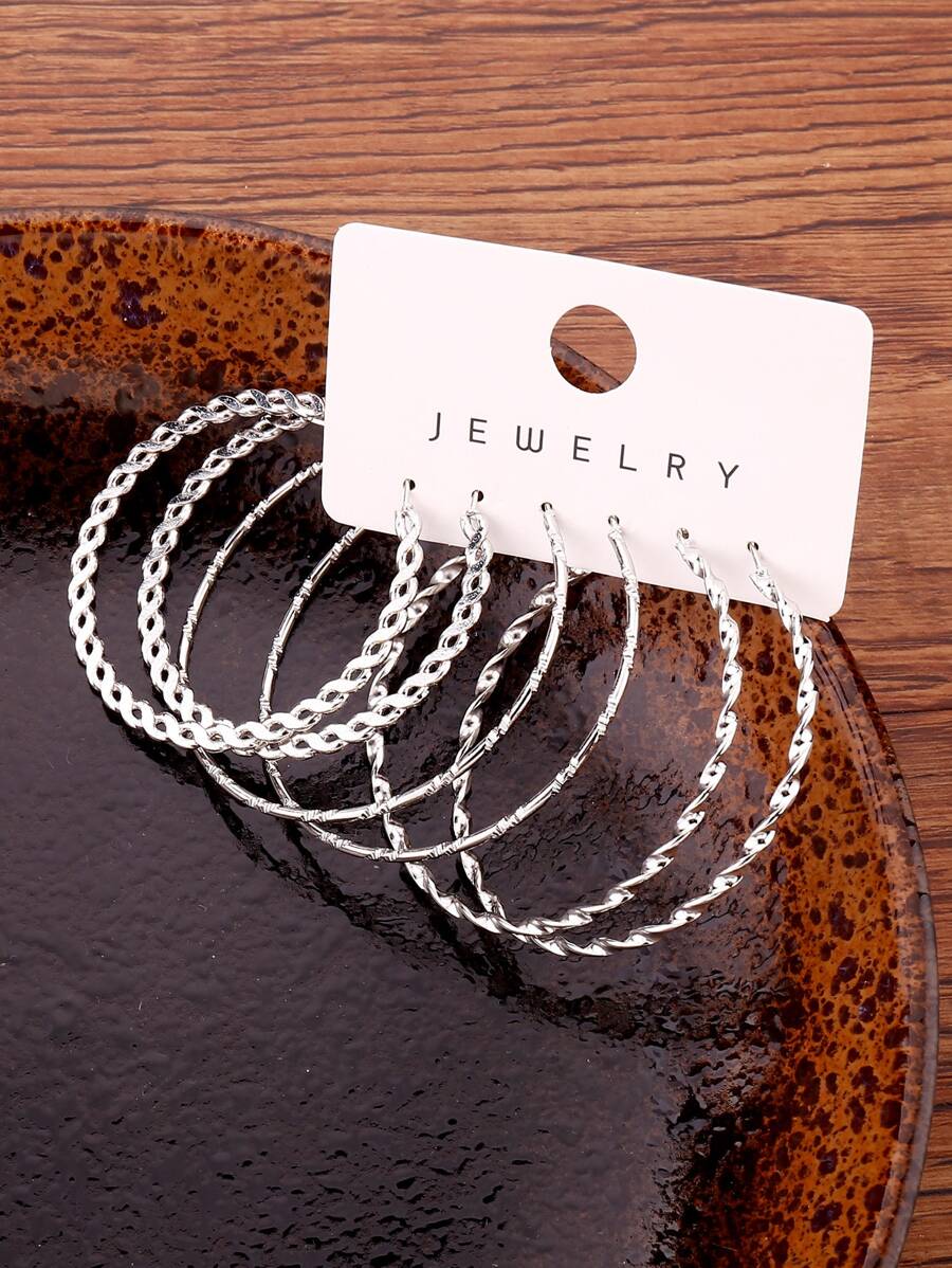 3對扭結設計圓耳環 - 白色 - 查看 1