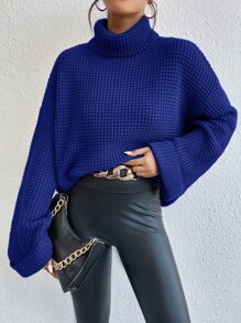 Chiquease Turtleneck Drop Shoulder Waffle Knit Jumper - Blue - View 5