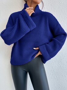 Chiquease Turtleneck Drop Shoulder Waffle Knit Jumper - Blue - View 6