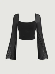 SHEIN MOD Solid Square Neck Mesh Trumpet Sleeves Tee - Black - View 2