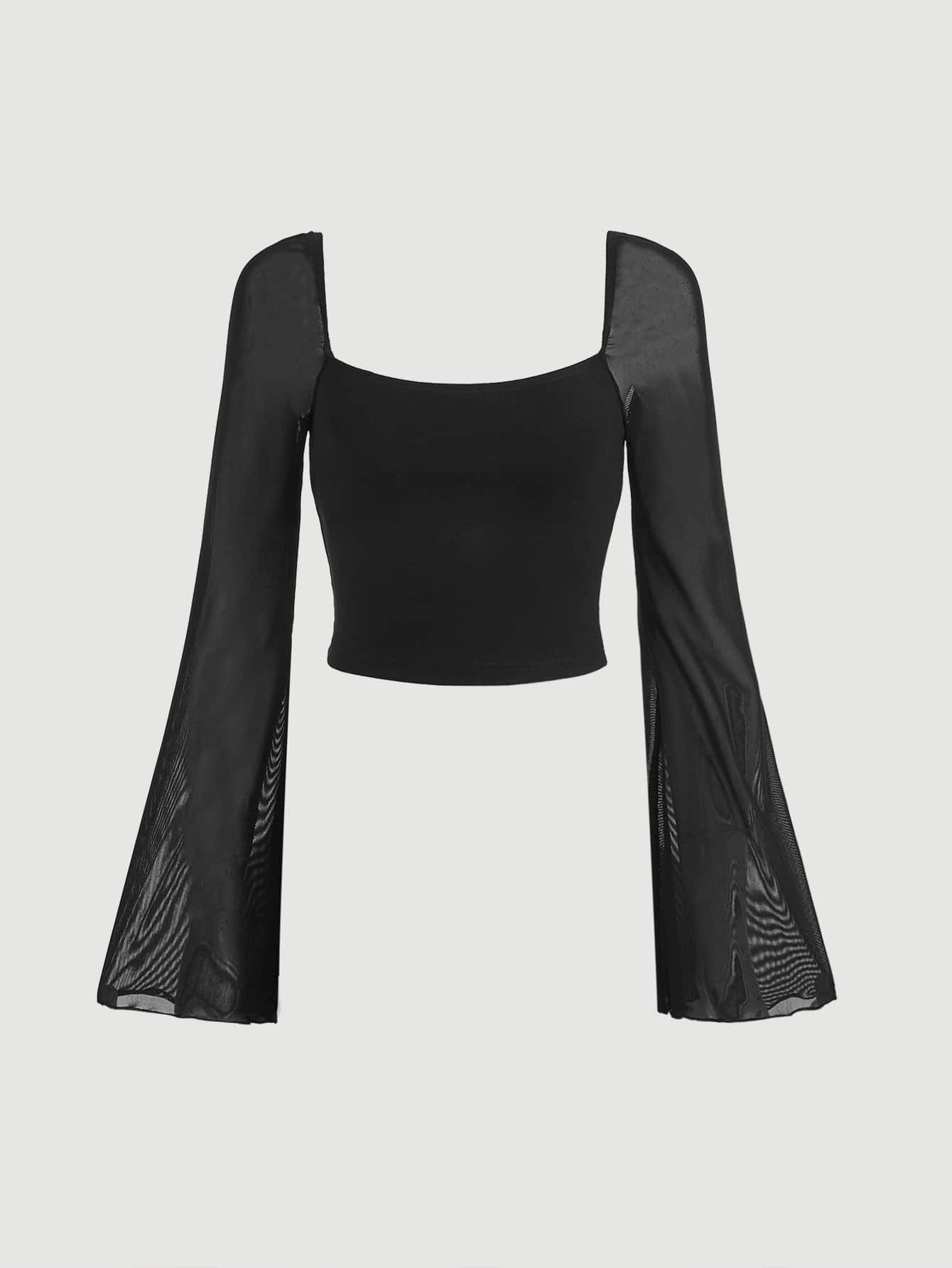 SHEIN MOD Solid Square Neck Mesh Trumpet Sleeves Tee