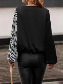 SHEIN LUNE Zebra Striped Lantern Sleeve Blouse - Black and White - View 2