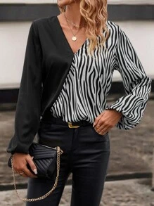 SHEIN LUNE Zebra Striped Lantern Sleeve Blouse - Black and White - View 4
