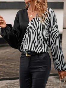 SHEIN LUNE Zebra Striped Lantern Sleeve Blouse - Black and White - View 5