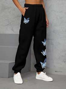 INAWLY Butterfly Print Elastic Waist Joggers - Black - View 4