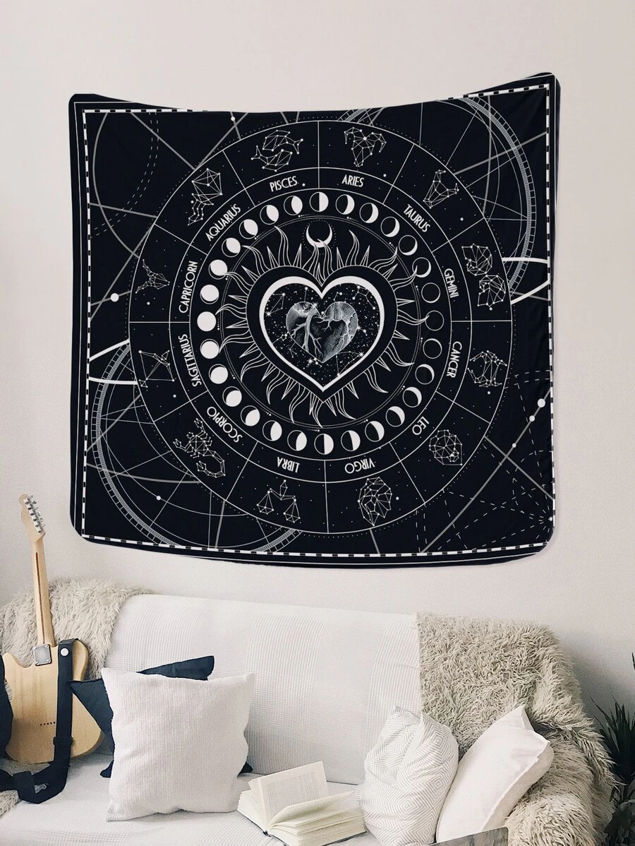 1 pieza Tapiz con estampado geométrico & de corazón - Blanco y Negro - Ver 1