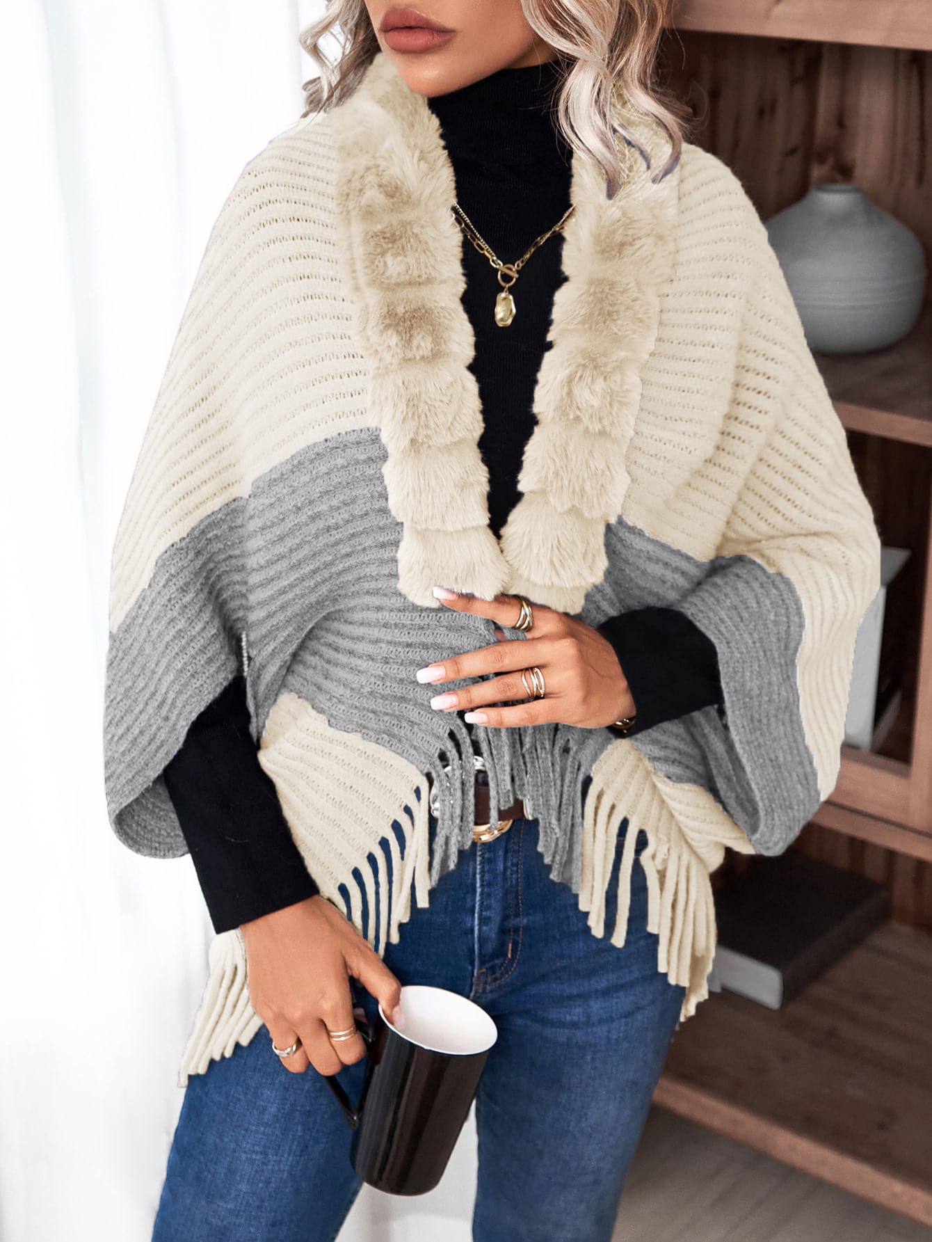 SHEIN LUNE Two Tone Fuzzy Fringe Trim Dolman Sleeve Cardigan SHEIN USA