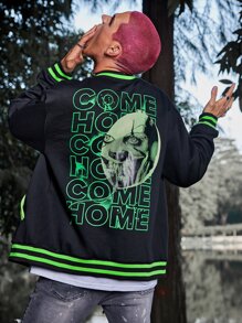 ROMWE MEN WB Horror | ROMWE Guys Letter Skull Graphic Striped Trim Bomber Jacket - Black - View 2