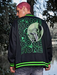 ROMWE MEN WB Horror | ROMWE Guys Letter Skull Graphic Striped Trim Bomber Jacket - Black - View 3